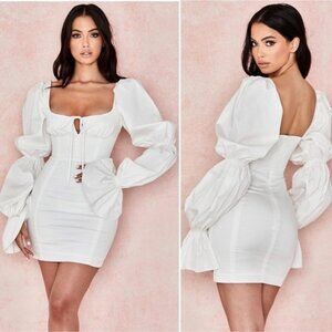 NWOT House of CB Elsie White Puff Sleeve Corset Dress Size Small